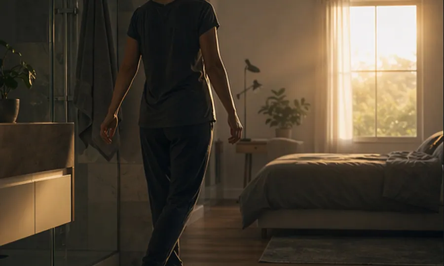 Posture lesson art: adult starting the morning gently in warm dawn light after a soft reset instead of an aggressive stretch