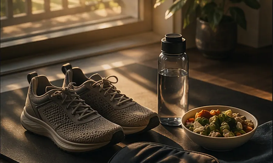 Purpose lesson art: walking shoes, water, simple meal, and sleep mask in sunlight, showing health basics first
