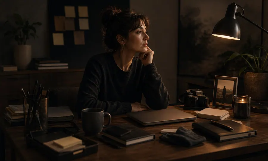 Purpose lesson art: woman in a thoughtful desk scene with personal objects and work objects held in quiet tension