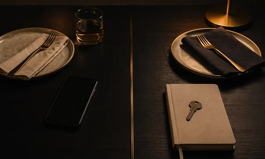 Relationships lesson art: two place settings cleanly separated by a dark divider with a phone, notebook, key, and warm lamp light on a premium dark tabletop