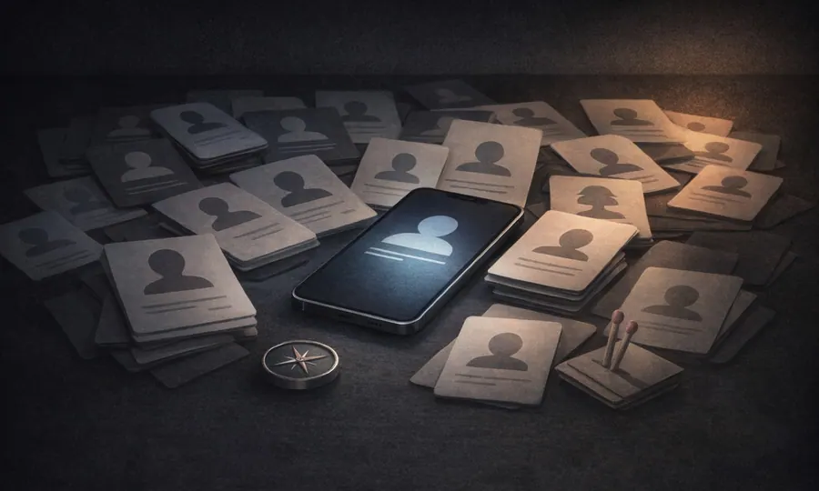 Relationships lesson art: smartphone with stacked blank profile-card shapes and tokens suggesting too many options on a dark tabletop