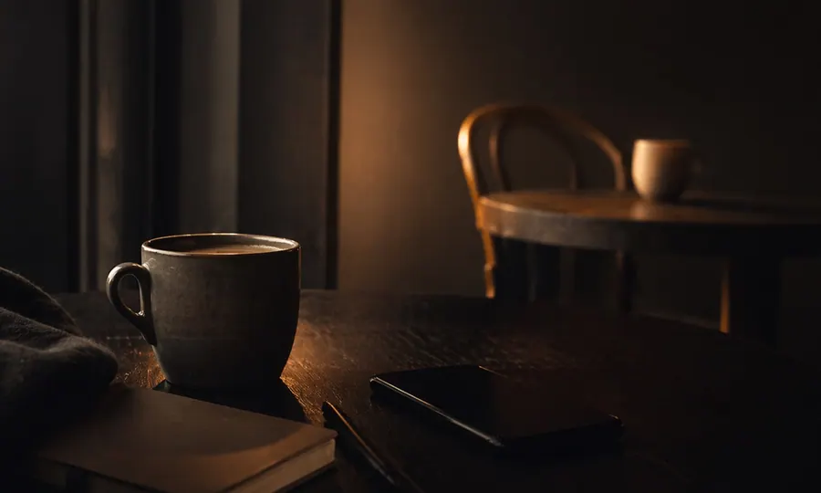Relationships lesson art: one warm foreground cup with a distant second cup and chair, plus a phone and notebook in a softly lit lonely cafe-like scene