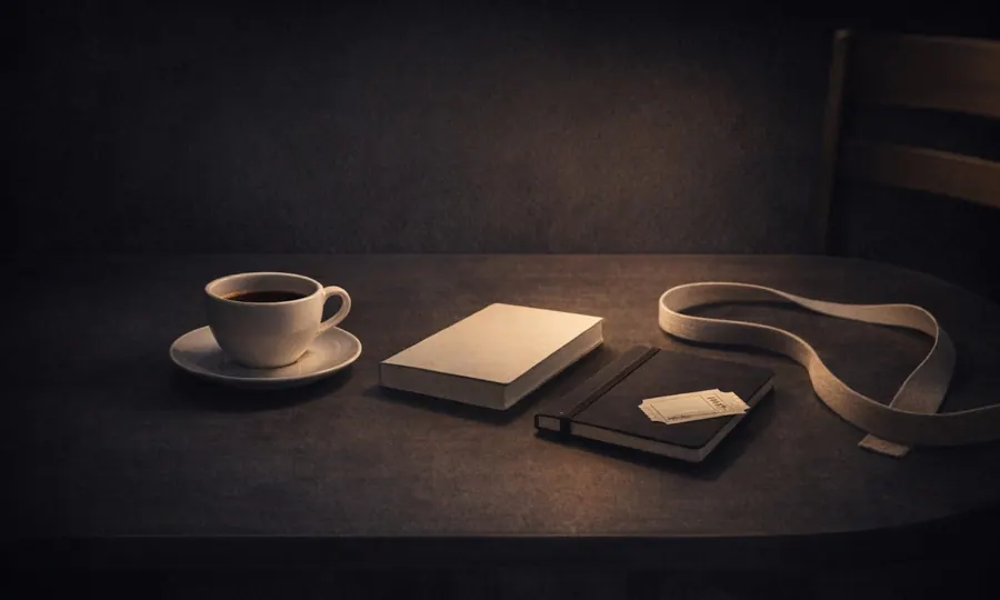 Relationships lesson art: coffee cup, notebook, book, tote strap, and ticket stub on a dark tabletop suggesting a repeatable real-life place