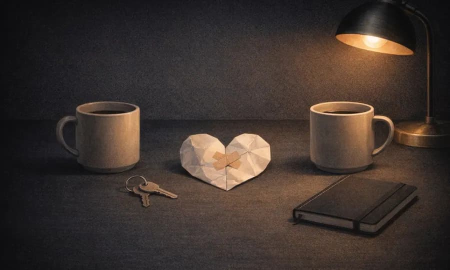 Relationships lesson art: two cups, two keys, notebook, and mended paper object on a dark tabletop suggesting partnership and repair