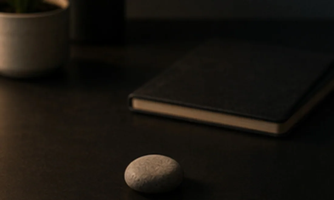 Rhythm lesson art: one tiny starter object on a dark desk, making the first step feel intentionally small