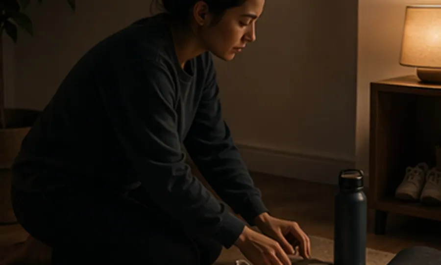 Rhythm lesson art: woman placing tomorrow cue objects beside shoes, bottle, and mat in warm night light