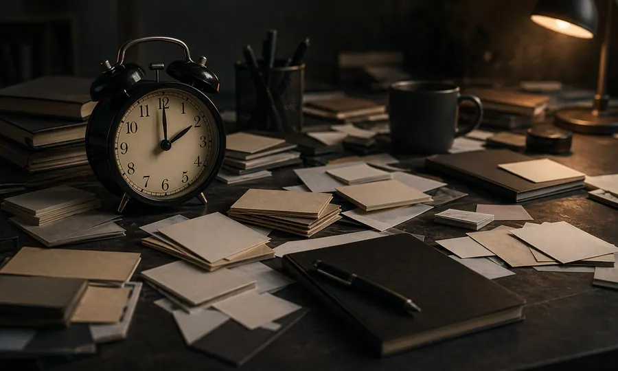 Rhythm lesson art: analog clock surrounded by too many blank task cards and closed notebooks on a dark desk