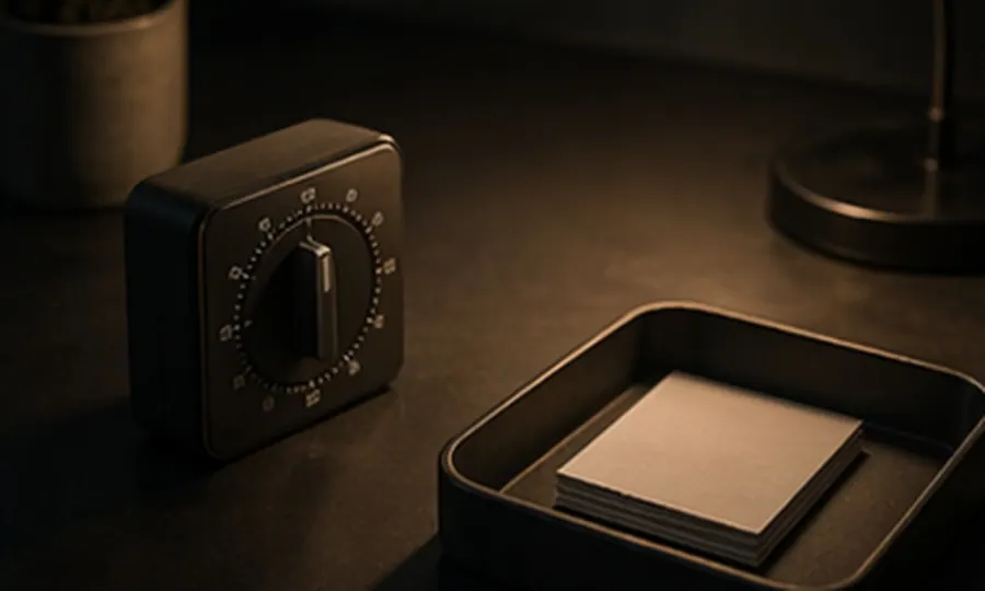 Rhythm lesson art: compact timer and bounded task tray on a dark desk, making work feel smaller than all-day sprawl