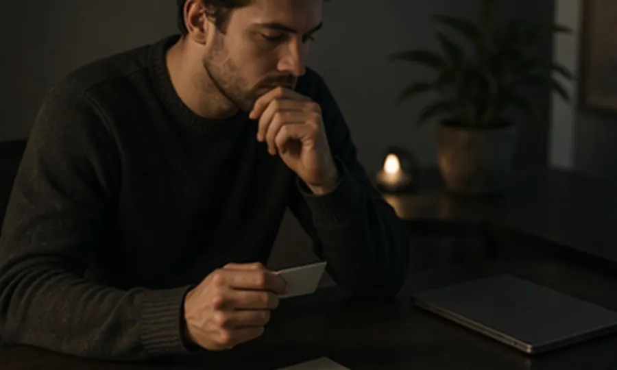 Rhythm lesson art: man sorting a few simple blank cards in a calm weekly reset scene