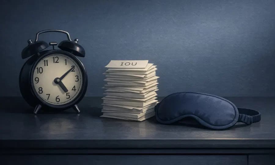 An alarm clock, a stack of IOU notes, and a sleep mask.