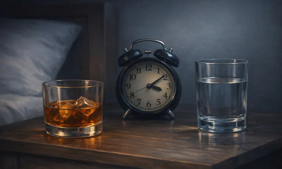 Sleep lesson art: low glass of amber alcohol, analog alarm clock, and water glass on a dark bedside table