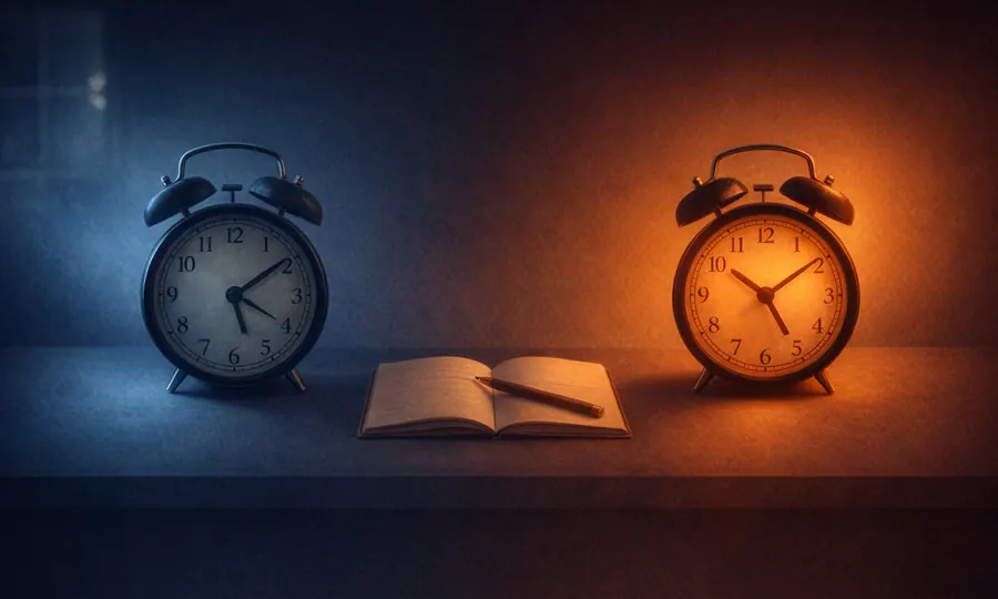 Sleep lesson art: two analog clocks in cool dawn light and warm evening light with a notebook between them