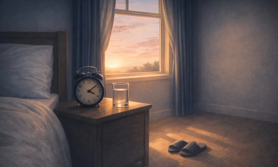 Sleep lesson art: dawn light entering a dark bedroom beside an alarm clock, water glass, and slippers