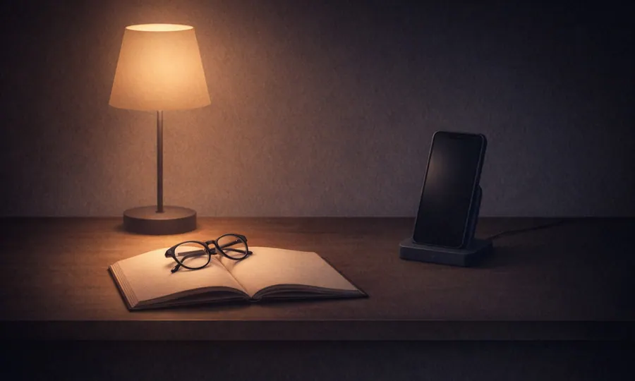 Sleep lesson art: warm bedside lamp, open book with glasses, and a phone docked away from the reading space