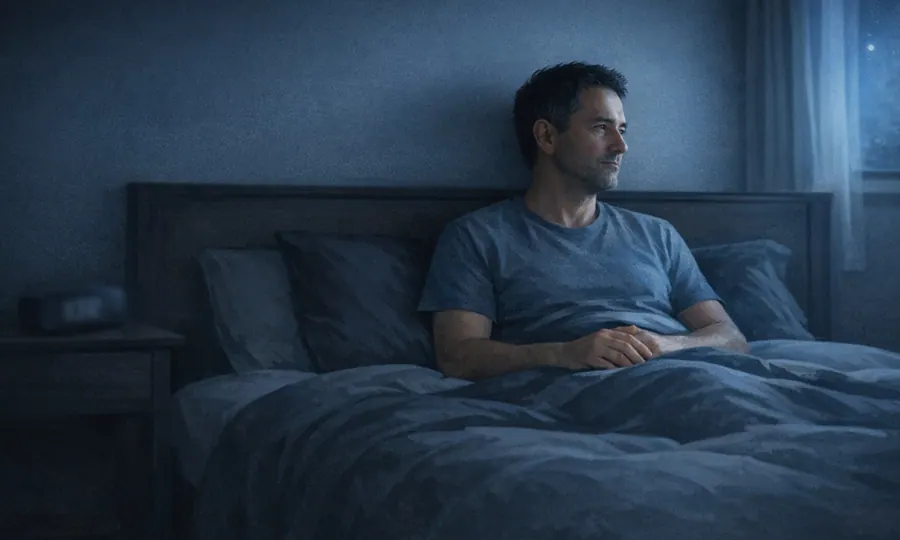 Sleep lesson art: adult awake in a dark bedroom at night with a soft lamp, a glass of water, and a calm no-phone bedside setup
