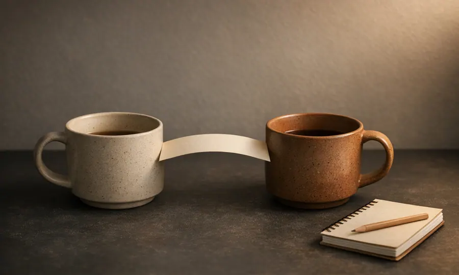 Social lesson art: two coffee cups bridged by a simple paper strip beside a small notebook on a dark tabletop