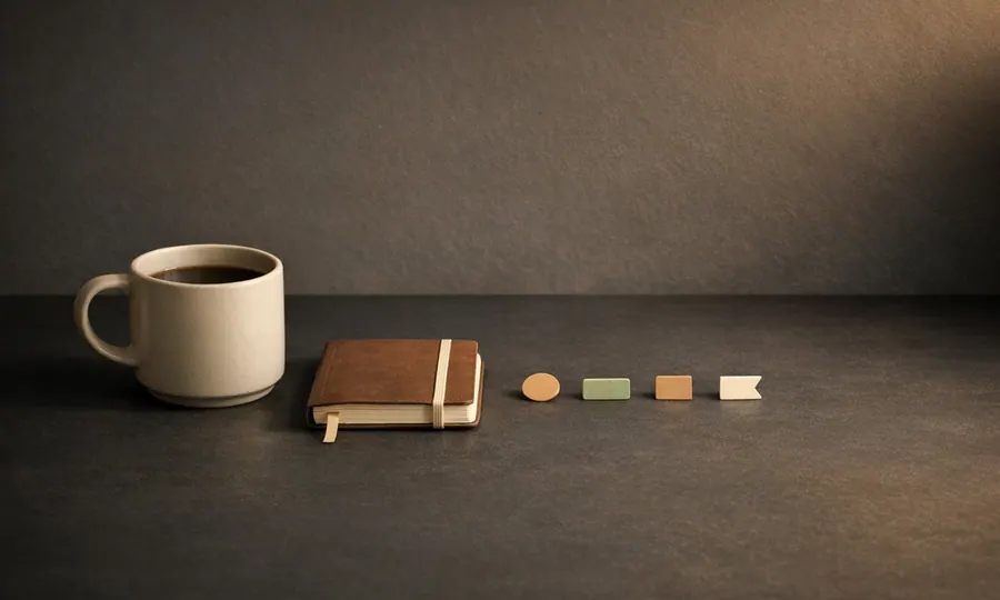 Social lesson art: a coffee cup, a notebook, and four simple recurring markers arranged in a steady rhythm on a dark tabletop
