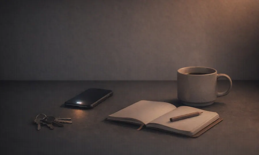 Social lesson art: a face-down phone with a soft dim glow beside keys, an open notebook, and a coffee cup on a dark tabletop