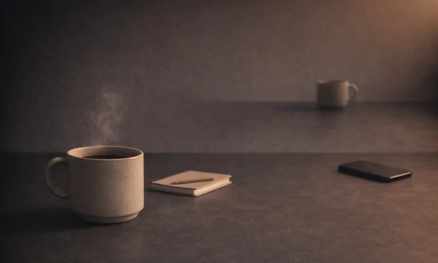 Social lesson art: one coffee cup in the foreground, a second distant cup, a phone, and a small notebook arranged across a dark tabletop