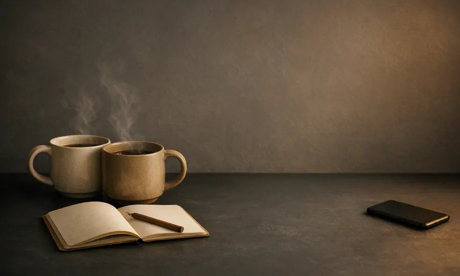 Two warm cups beside an open notebook and a phone.