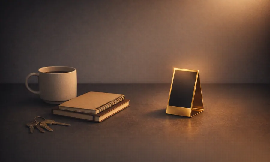 Social lesson art: a polished upright presentation object in warm spotlight while a mug, notebook, and keys sit nearby on a dark tabletop