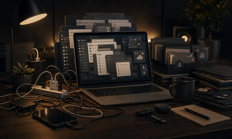 Space lesson art: overloaded laptop workspace with abstract window layers, cable sprawl, and stacked digital clutter rendered as physical attention tax