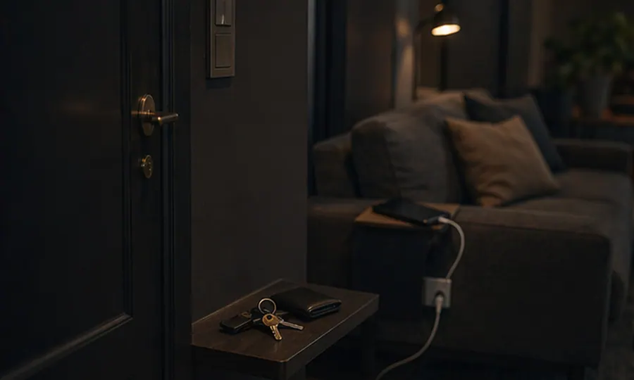 Space lesson art: keys, wallet, and charger stored right near their point of use in a calm home setup
