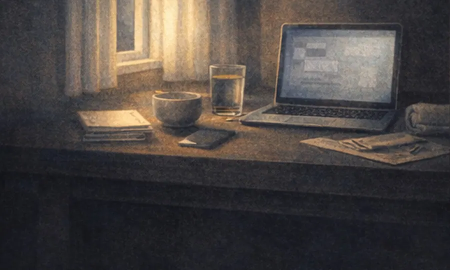 Stress lesson art: a desk by the window with daylight on notes, water, and a laptop, suggesting mood responds to light timing