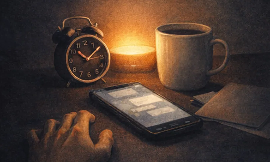 Stress lesson art: alarm clock, glowing phone, coffee mug, notebook, and one tense hand arranged on a dark desk