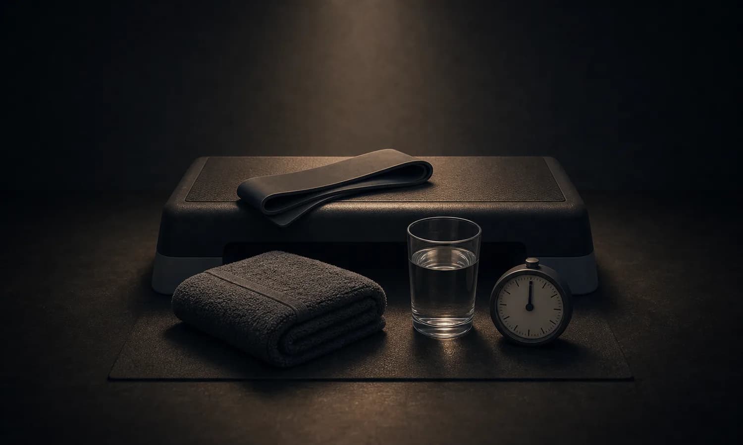 Stress lesson art: step block, resistance band, towel, water glass, and timer arranged as manageable challenge plus recovery