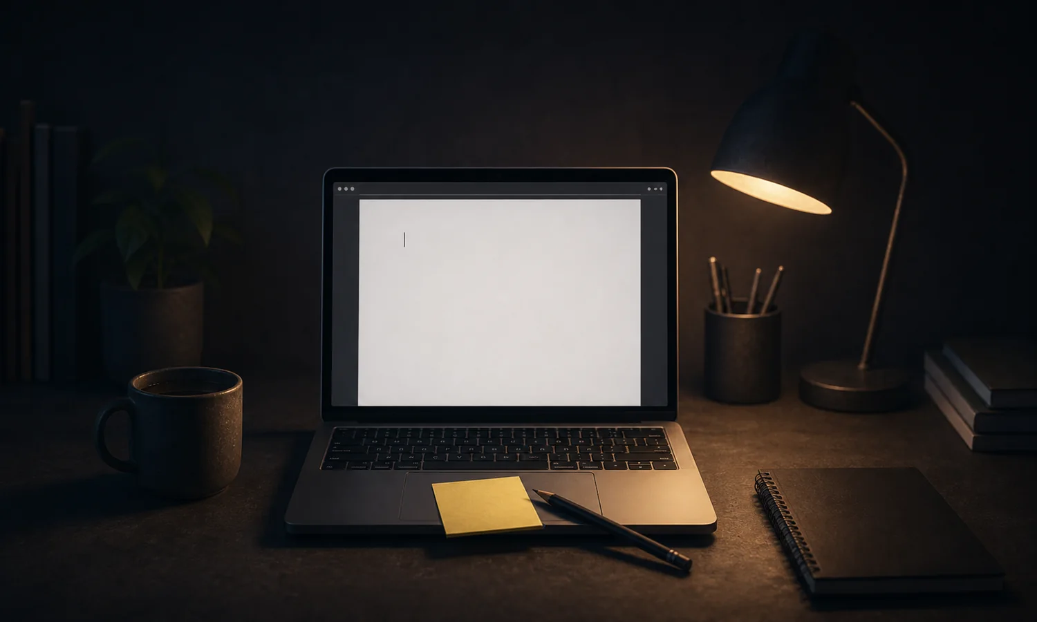 Stress lesson art: centered laptop with a blank document, sticky note, pencil, and warm desk lamp, showing the first small start cue
