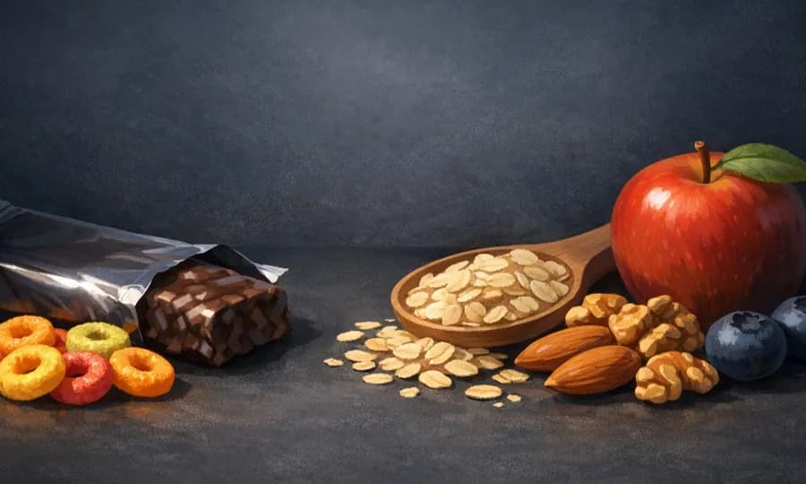 UPF lesson art: packaged snack contrasted with oats, nuts, berries, and an apple on a dark tabletop