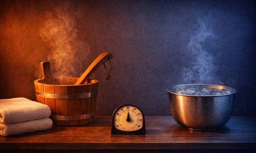 Thermal lesson art: sauna bucket and cold bowl split across warm and cool light with a timer centered between them