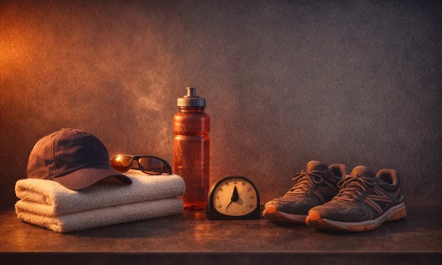 Thermal lesson art: running cap, sunglasses, water bottle, towels, timer, and training shoes in hot amber light