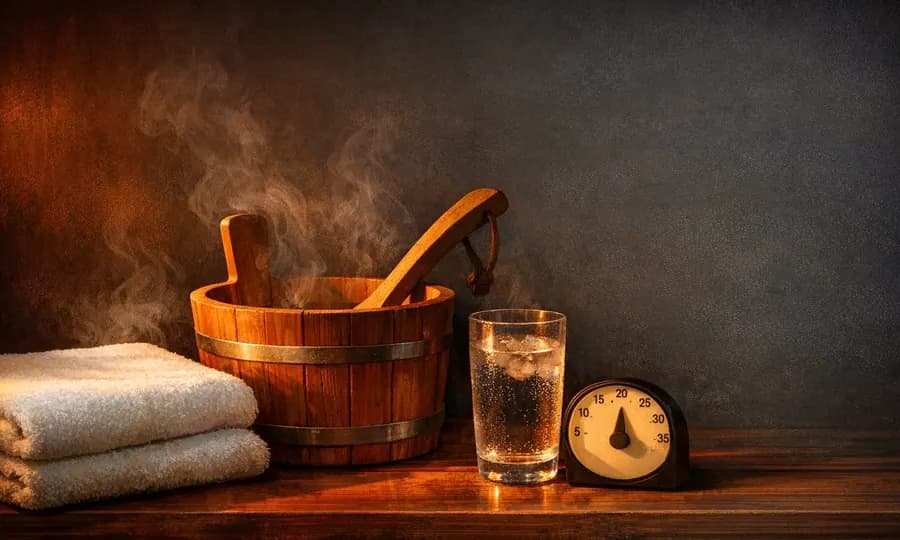 Thermal lesson art: sauna bucket, folded towels, water glass, and analog timer in warm steam on a dark tabletop