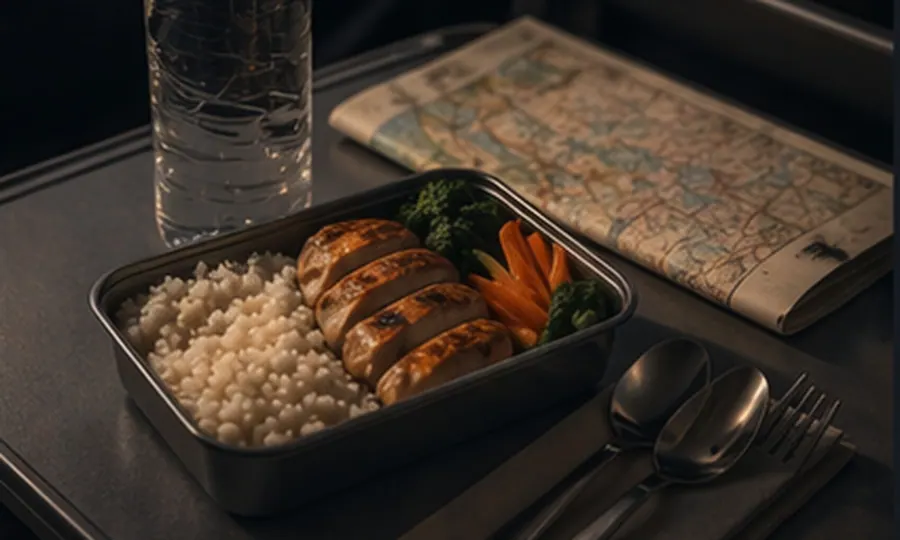 Travel lesson art: sealed water bottle and a simple tray-table meal beside cutlery and a folded map