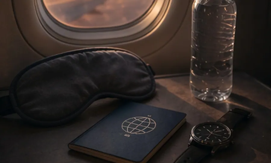Travel lesson art: eye mask, water bottle, passport, and watch beside dawn light through an airplane window