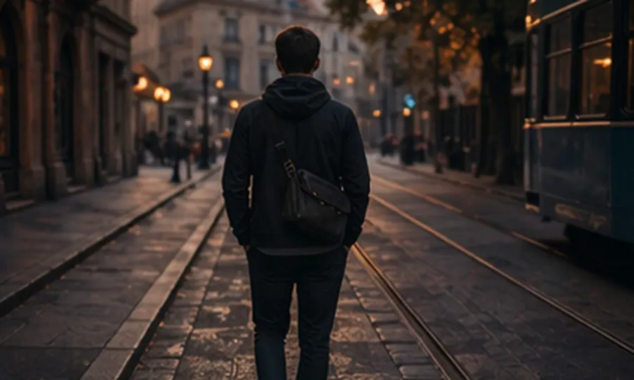 Travel lesson art: adult walking a quiet city street near a tram at dusk with a small crossbody bag