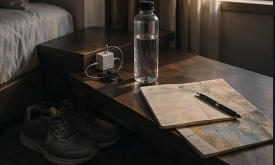 Travel lesson art: arrival-room setup with water, charger, shoes, and a folded map laid out before the first day starts