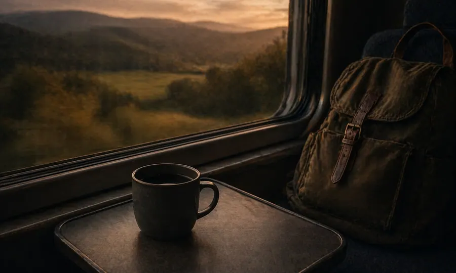 Travel lesson art: dark ceramic mug and worn backpack beside a train window opening onto a slow countryside view