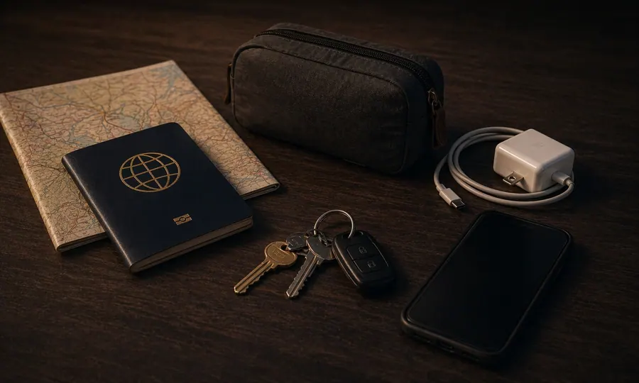 Travel lesson art: passport, folded map, compact pouch, charger, keys, and phone arranged as a calm pre-trip setup