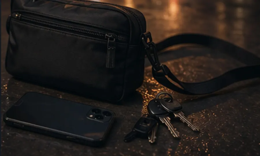 Travel lesson art: compact crossbody bag, phone, and keys on a softly lit wet street, suggesting preparation instead of paranoia