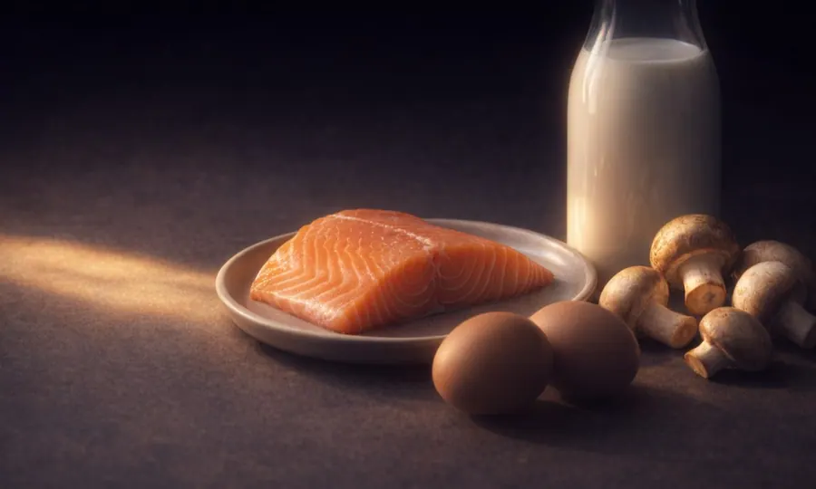 Vitamin D lesson art: salmon, eggs, mushrooms, and fortified milk on a dark tabletop with a warm strip of sunlight