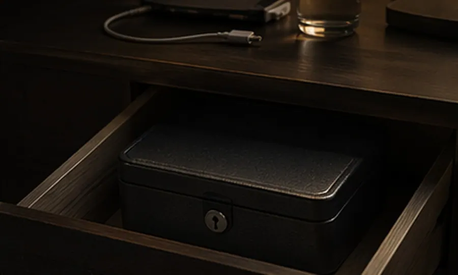 Addiction lesson art: tempting object locked away in a drawer with the charger and water left outside in warm low light
