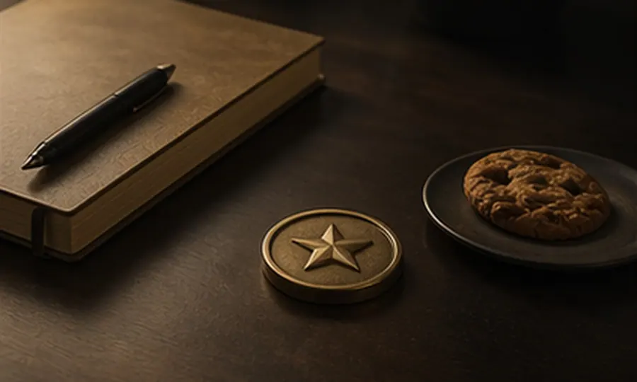 Addiction lesson art: reward token crowding a simple task setup with notebook, pen, and cookie on a dark table