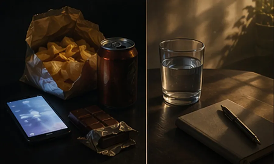 Addiction lesson art: glowing phone, snack, and drink split against water and calmer morning cues on a dark table