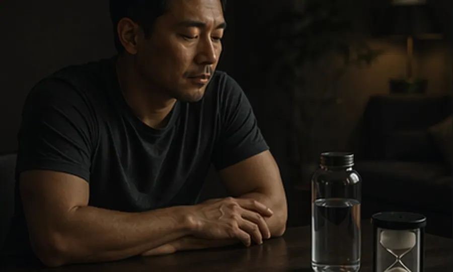 Addiction lesson art: man sitting calmly at a table with water and a timer while an urge passes
