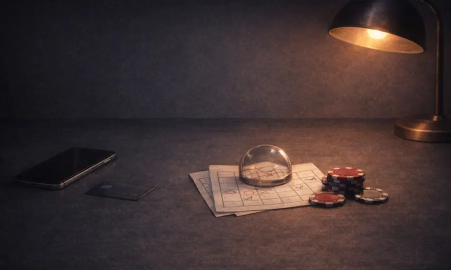 Betting lesson art: marked near-miss slip under a glass paperweight, chips, card, and dark phone under warm desk-lamp light