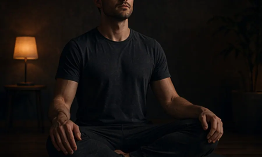 Breath lesson art: adult seated cross-legged in a dark quiet room with calm measured posture