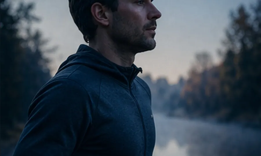Breath lesson art: adult in cool outdoor air with an easy posture that suggests slower nose-led breathing